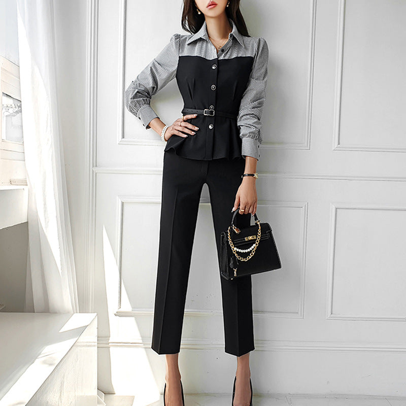 Elegant plaid patchwork single bleasted blouses and pants suits
