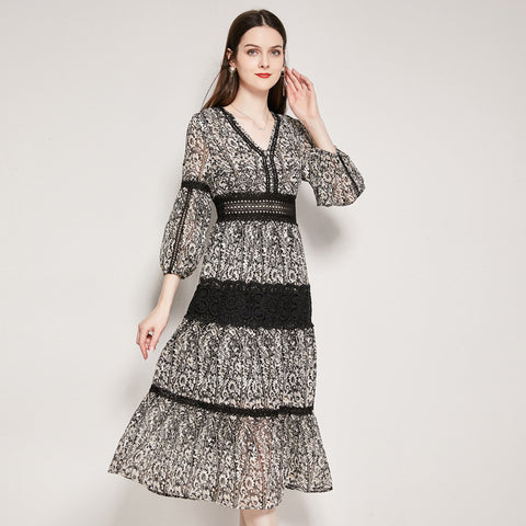 Elegant v-neck print chiffon lace dresses