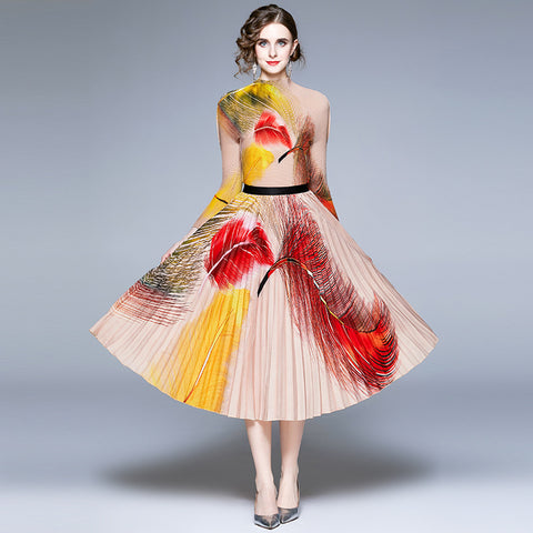 Women's long sleeve floral printing midi dresses