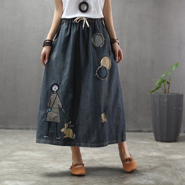 Soft embroidered denim midi skirts for women
