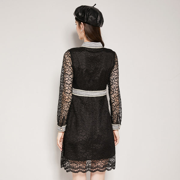 Lace openwork black a-line dresses