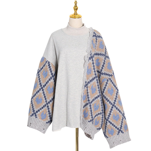 Chic patch geometric long sleeve mock neck sweaters