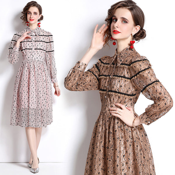 Women's Long Sleeve Dot  Printed Lace Cocktail Dress