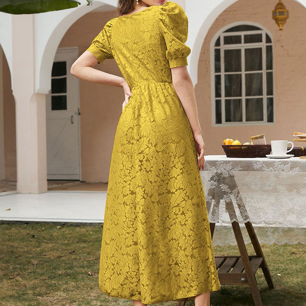 Elegant square neck embroidered yellow dresses