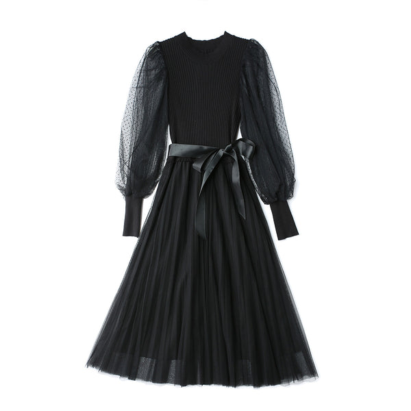 Black mesh patchwork sweater pleated dresses