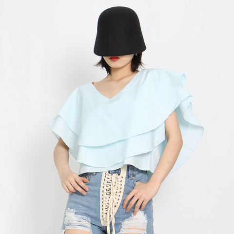 Pure color ruffled v-neck short sleeve tops