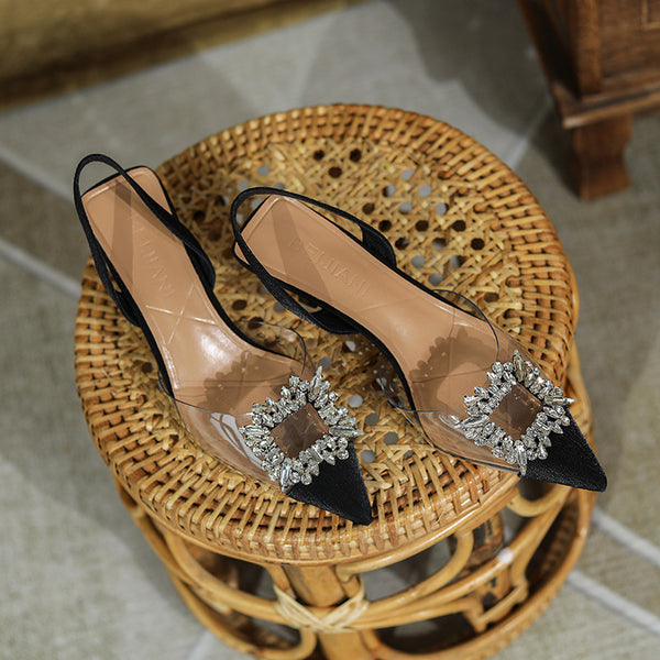 Rhinestones pointed toe transparent heeled sandals