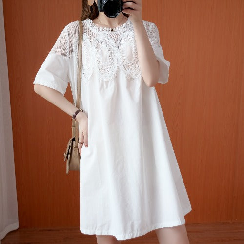 Boxy lace embroidered short sleeve short dresses