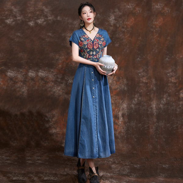 Vintage embroidered short sleeve denim maxi dresses