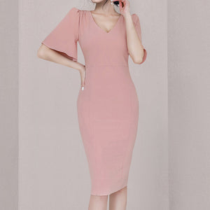 V-neck short sleeve pink bodycon dresses