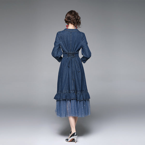 Turn-down collar mesh patchwork denim maxi dresses