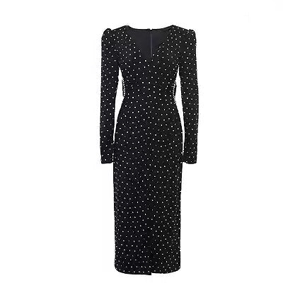 Elegant dot v-neck long sleeve split maxi dresses