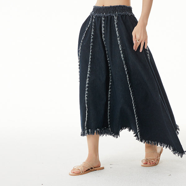 Loose burrs elastic waist a-line denim skirts