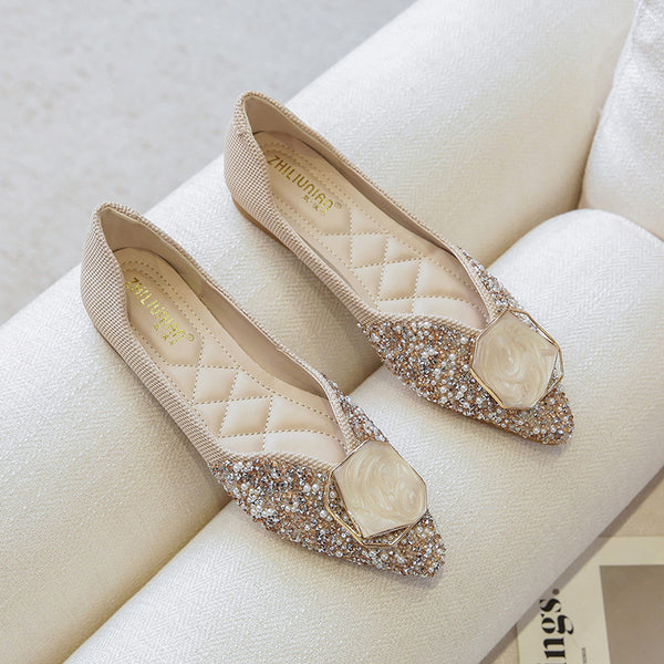 Chic rhinestone suede pointed toe flat shoes