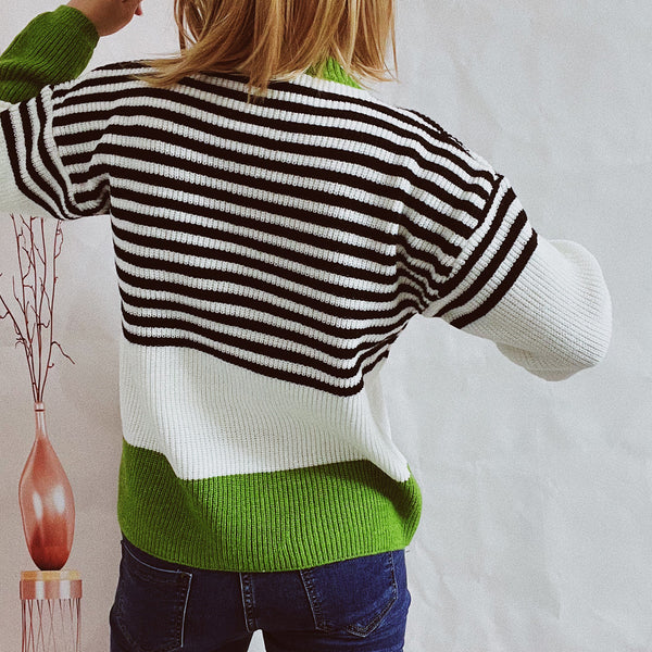 Stripe color block crew neck long sleeve sweaters