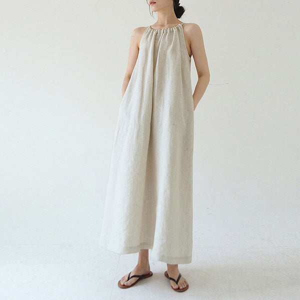 Halter neck sleeveless linen solid color long dresses