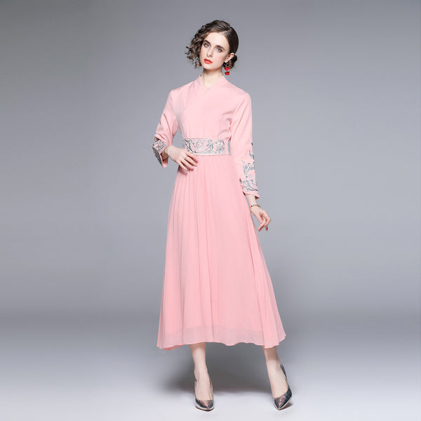 Chiffon long sleeve plead maxi dresses