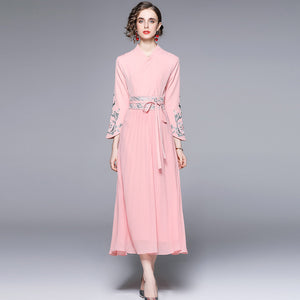 Chiffon long sleeve plead maxi dresses