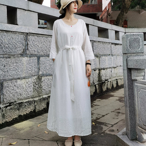 Casual crew neck long sleeve belted linen dresses