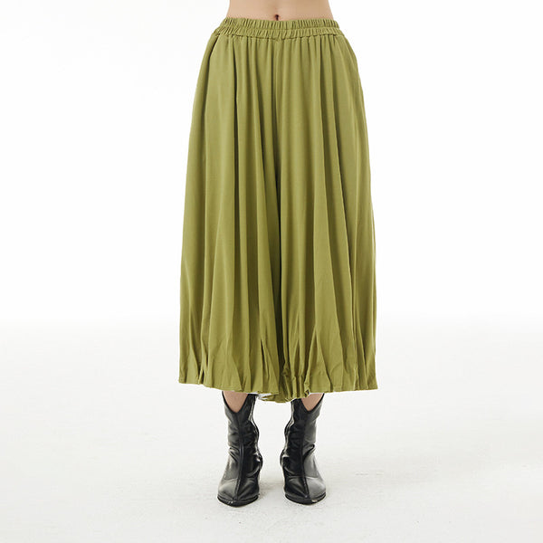 Solid elastic waist shirred loose maxi skirts