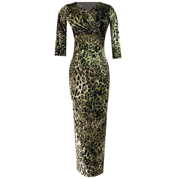 V-neck half sleeve leopard velvet bodycon dresses