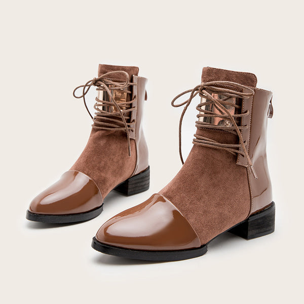 Round toe patch chunky heels lacing martin boots