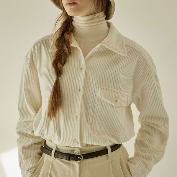 Turn-down collar corduroy long sleeve solid color white blouses for women