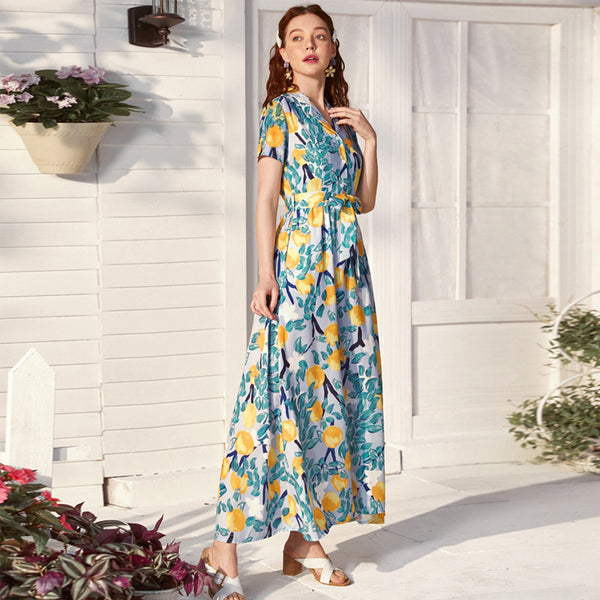 V-neck short sleeve floral print maxi dresses