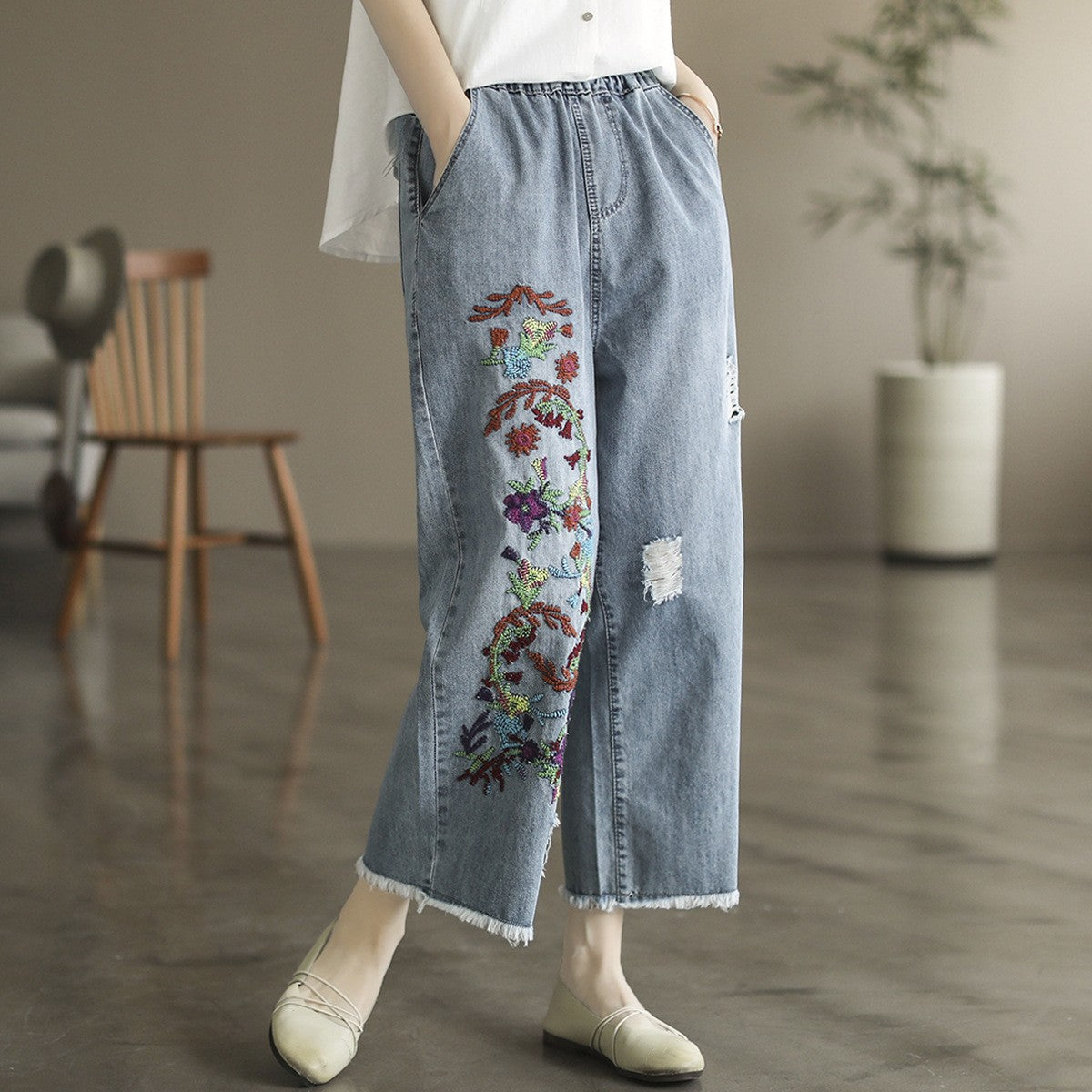 Casual embroidered fuzzy trim baggy jeans for women
