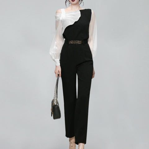 Off-the-shoulder patchwork mesh top & high waisted straight pants