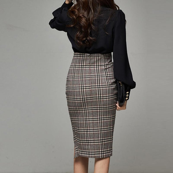 Bowknot plaid high split office skirt suits