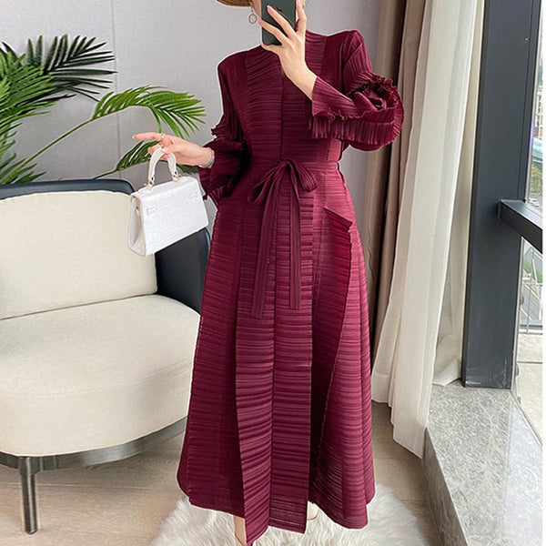 Chic shirred long sleeve belted long dresses