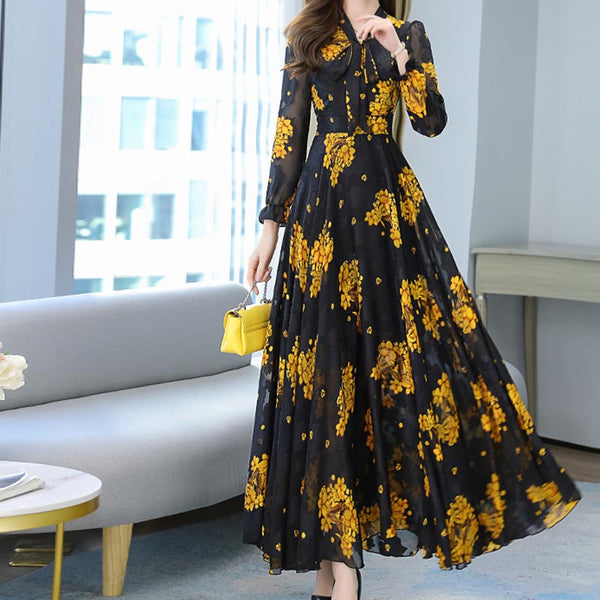 Chiffon printed tie neck gathered waist maxi dresses