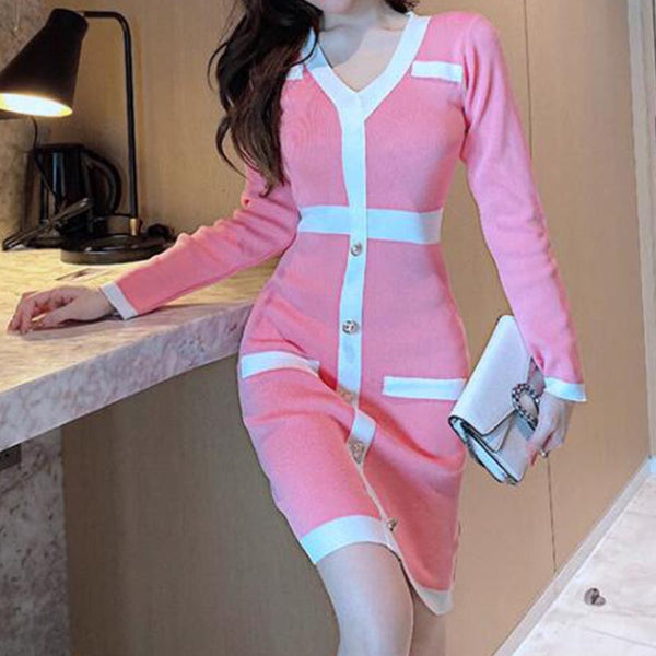 V neck color blocking cinched waist knitted bodycon dresses