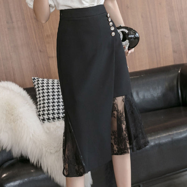 Black patchwork lace asymmetrical pencil skirts