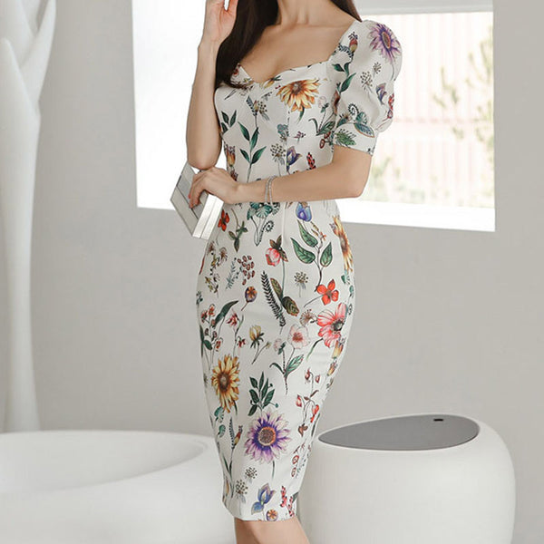 Square neck puff sleeve print bodycon dresses