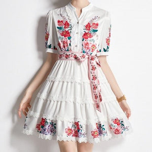 Printed v-neck short sleeve belted skater dresses