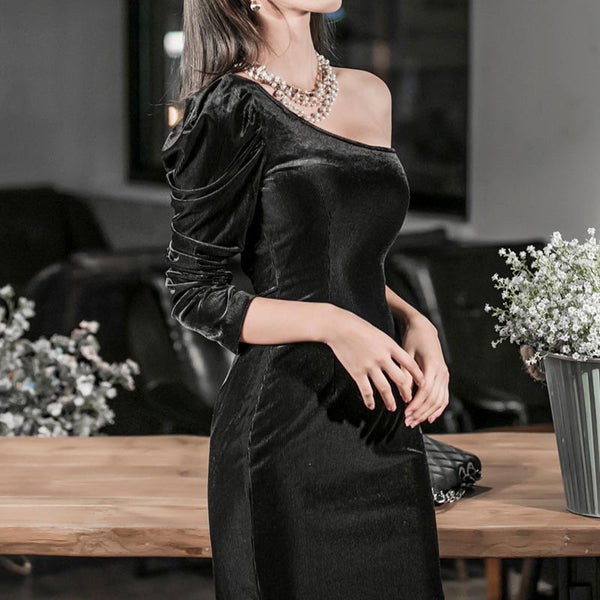 Puff sleeve one shoulder velvet sheath dresses