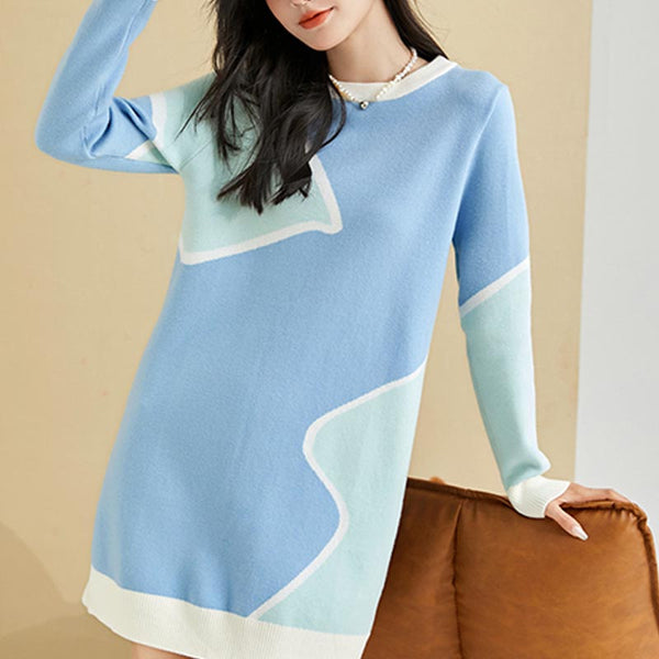 Casual color block long sleeve sweater dresses