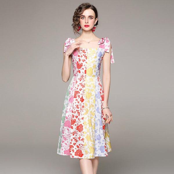 Stylish floral print square neck strap a-line dresses