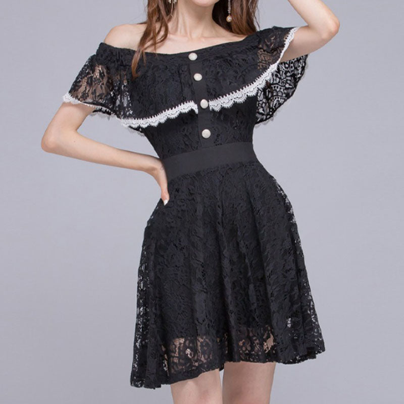 Lace off-the-shoulder button embellished skater dresses