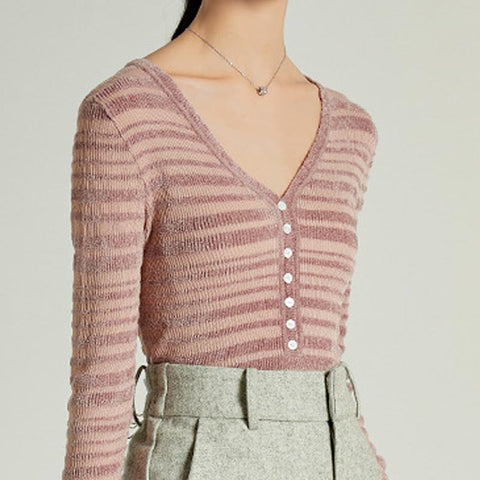 Stripe v-neck long sleeve button up knitting cardigans