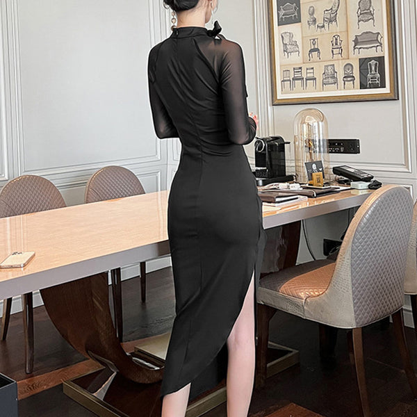 Sexy black long sleeve split bodycon dresses