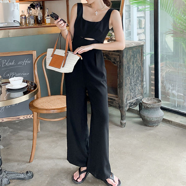 Black cut out front sleeveless jumpsuits