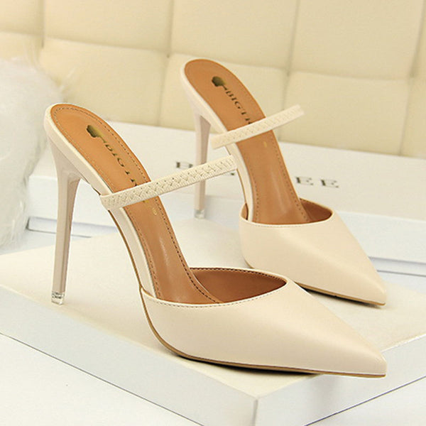 Chic solid pointed toe stiletto heel slippers
