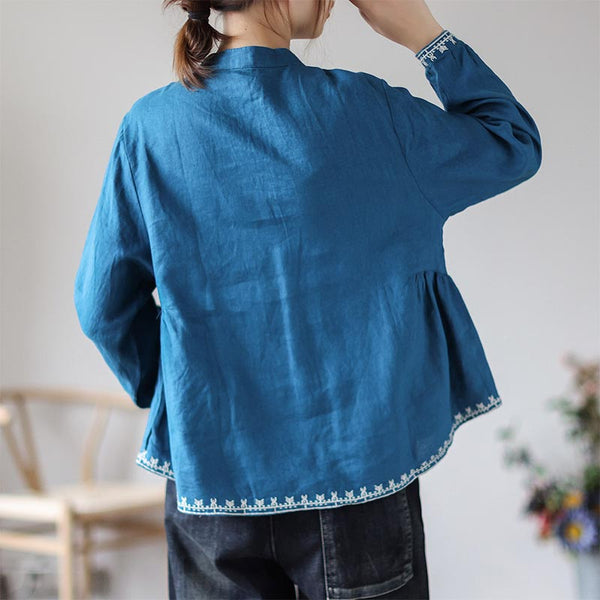 Embroidery long sleeve mock neck loose blouses