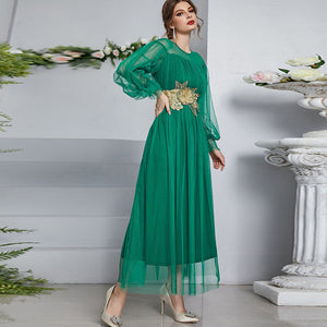 Elegant mesh lantern sleeve maxi dresses