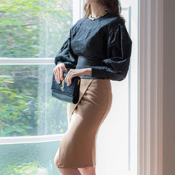 Crew neck puff sleeve solid skirt suits