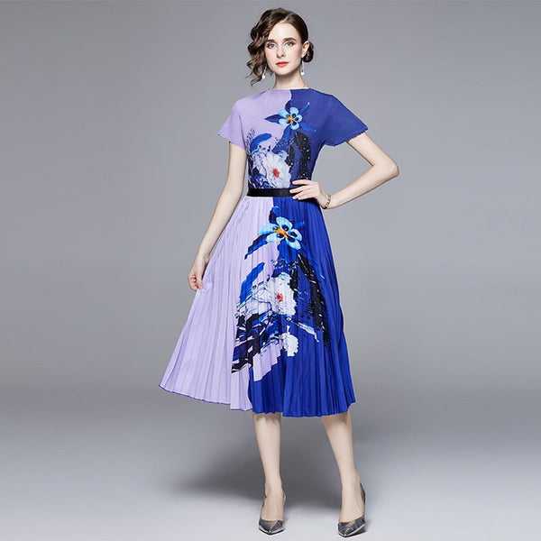 Elegant print v-neck long sleeve short sleeve tops and high waist maxi skirts suits