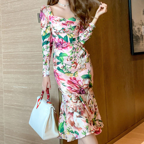 Sexy long sleeve square neck print peplum dresses